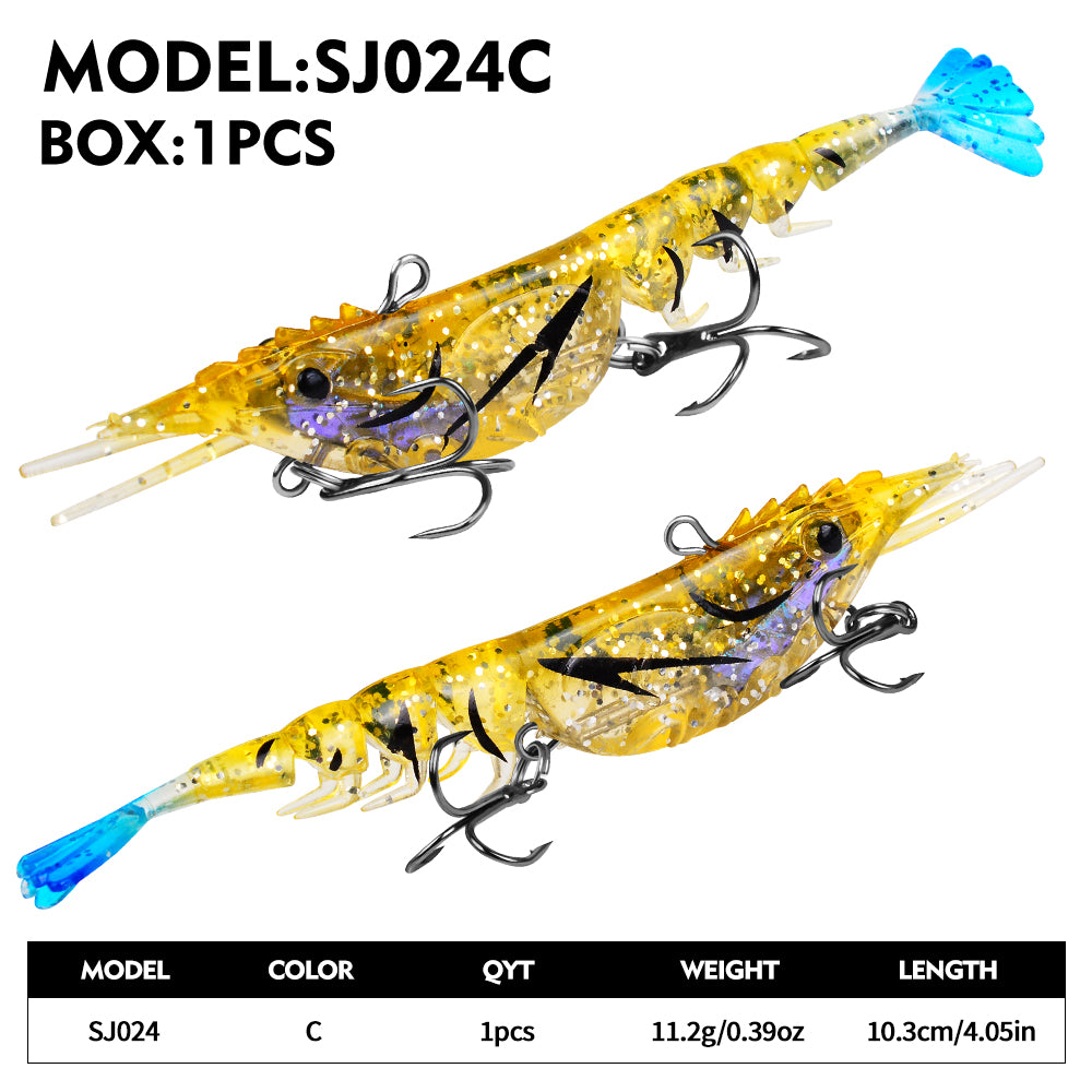 SUNLURE Pre-Rigged Segmented Shrimp Soft Lure SJ024,10 Colors 11.2g/10.3cm Glitter Prawn Bait With Treble Hooks 10PCS/Box