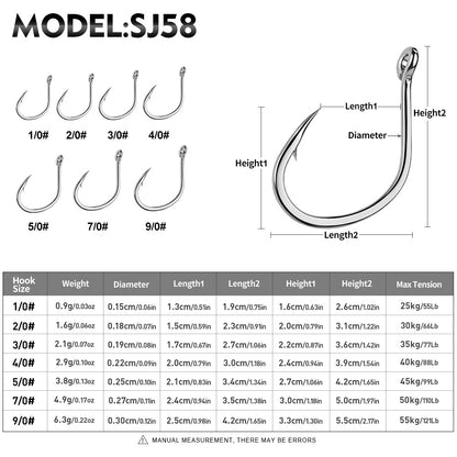 PROBEROS SJ58 Stainless Steel Circle Fishing Hooks, 1/0#-9/0# Heavy Duty Offshore Hooks