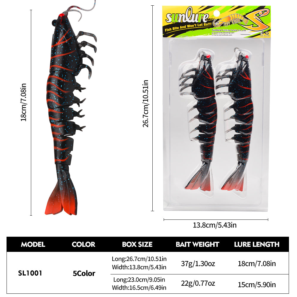 SUNLURE Segmented Shrimp Soft Bait, 22g/37g, 5 Colors Lifelike Shrimp Fishing Lure, Multi-Jointed, 15cm/18cm