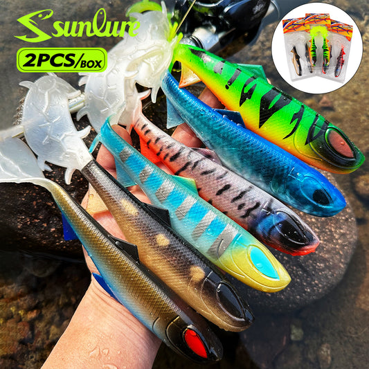 Sunlure 3D Eye Silicone Swimbait 16/22cm Long Wavy Curl Tail Soft Bait 2PC Seawater Fake Fishing Lure Bass Trout Zander Jig Fishing Bait