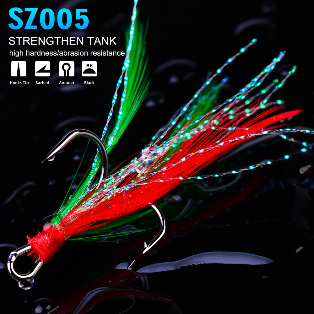PROBEROS Treble Hooks with Feathers 20PCS/Box（fishing gear for wild fishing, three sets of hooks with feathers, pendants and barbs）