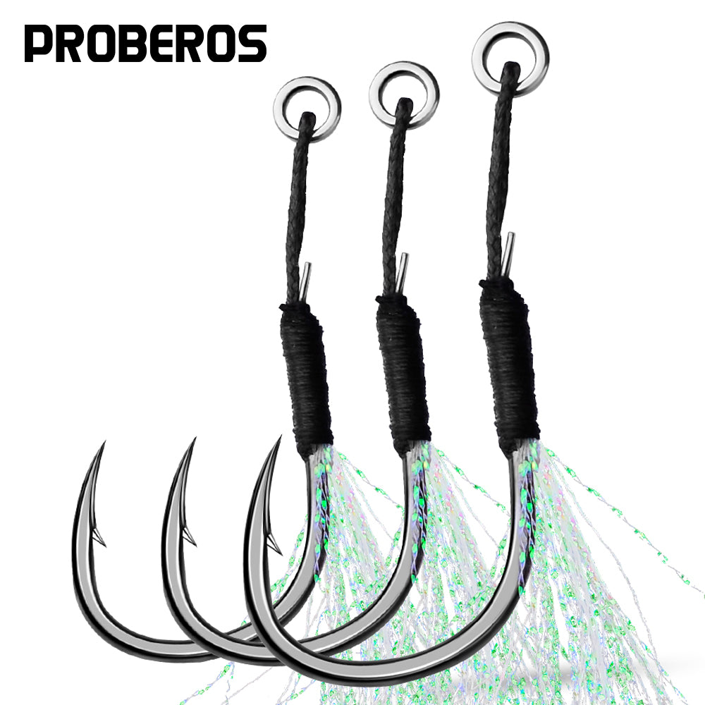 PROBEROS 10Pcs Metal Jig Tail Assist Hooks 11-19# With PE Line Feather Solid Ring Jigging Fishhook for 5-80g Lure Fishing Hooks
