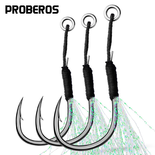 PROBEROS 10Pcs Metal Jig Tail Assist Hooks 11-19# With PE Line Feather Solid Ring Jigging Fishhook for 5-80g Lure Fishing Hooks