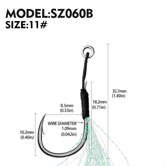 PROBEROS 10Pcs Metal Jig Tail Assist Hooks 11-19# With PE Line Feather Solid Ring Jigging Fishhook for 5-80g Lure Fishing Hooks - Proberos