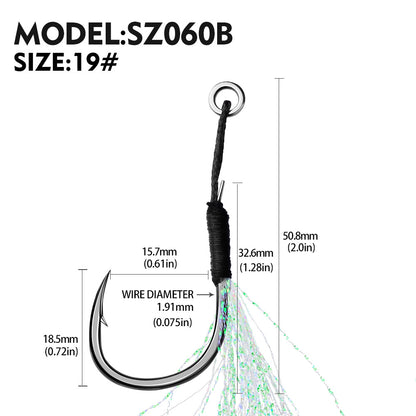 PROBEROS 10Pcs Metal Jig Tail Assist Hooks 11-19# With PE Line Feather Solid Ring Jigging Fishhook for 5-80g Lure Fishing Hooks