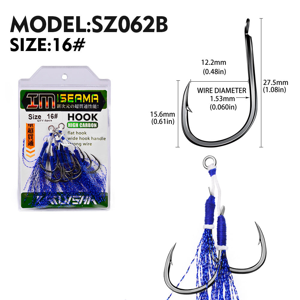 PROBEROS  2Pcs  5pc/set  Metal Jig Tail Assist Hooks 11-19# With PE Line Feather Solid Ring Jigging Fishhook for 5-80g Lure Fishing Hooks