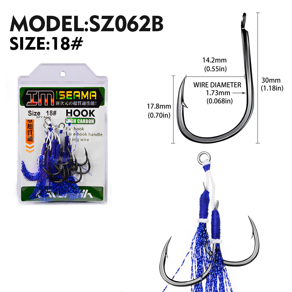 PROBEROS  2Pcs  5pc/set  Metal Jig Tail Assist Hooks 11-19# With PE Line Feather Solid Ring Jigging Fishhook for 5-80g Lure Fishing Hooks