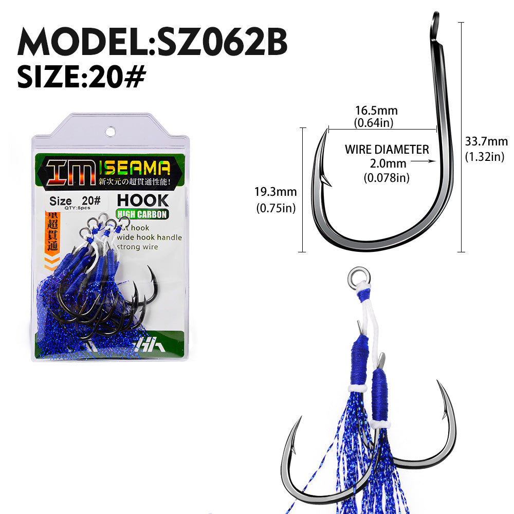 PROBEROS  2Pcs  5pc/set  Metal Jig Tail Assist Hooks 11-19# With PE Line Feather Solid Ring Jigging Fishhook for 5-80g Lure Fishing Hooks