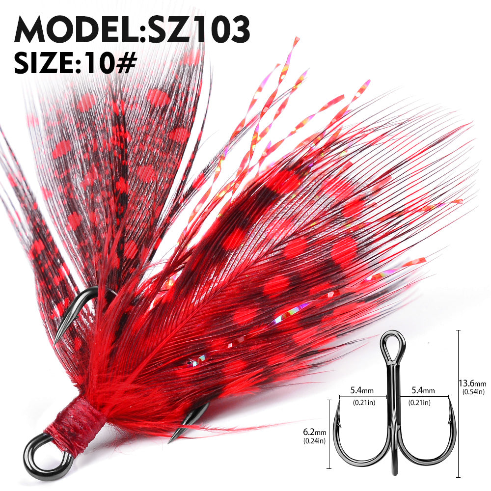 PROBEROS Feathered Treble Hooks for Lures, Fresh ; Saltwater 3-Color Feather 10PCS/Box