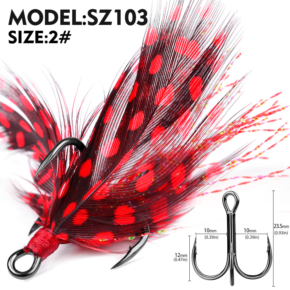 PROBEROS Feathered Treble Hooks for Lures, Fresh ; Saltwater 3-Color Feather 10PCS/Box