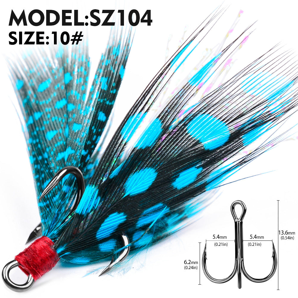 PROBEROS Feathered Treble Hooks for Lures, Fresh ; Saltwater 3-Color Feather 10PCS/Box