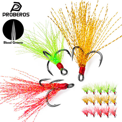 PROBEROS Flash Feather Treble Hooks High Carbon Steel Treble Hooks with Flash Skirts 10PCS/Box