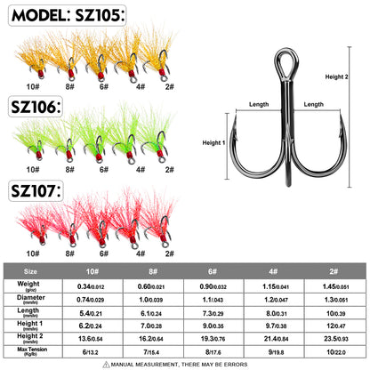 PROBEROS Flash Feather Treble Hooks High Carbon Steel Treble Hooks with Flash Skirts 10PCS/Box