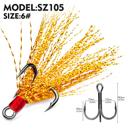 PROBEROS Flash Feather Treble Hooks High Carbon Steel Treble Hooks with Flash Skirts 10PCS/Box