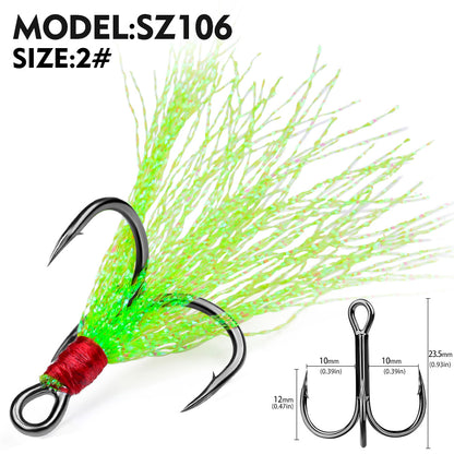 PROBEROS Flash Feather Treble Hooks High Carbon Steel Treble Hooks with Flash Skirts 10PCS/Box