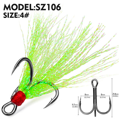 PROBEROS Flash Feather Treble Hooks High Carbon Steel Treble Hooks with Flash Skirts 10PCS/Box