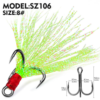 PROBEROS Flash Feather Treble Hooks High Carbon Steel Treble Hooks with Flash Skirts 10PCS/Box
