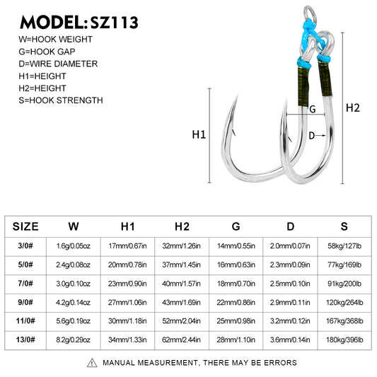 PROBEROS 2 sets Saltwater Jigging Double Hooks 3/0#-13/0# Heavy Duty High Carbon Steel Fishing Hooks