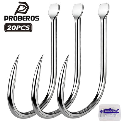 PROBEROS 20PCS High Carbon Steel Fishing Hooks 2#-5/0# Anti-Rust Single Hook Tin Color Fishhooks