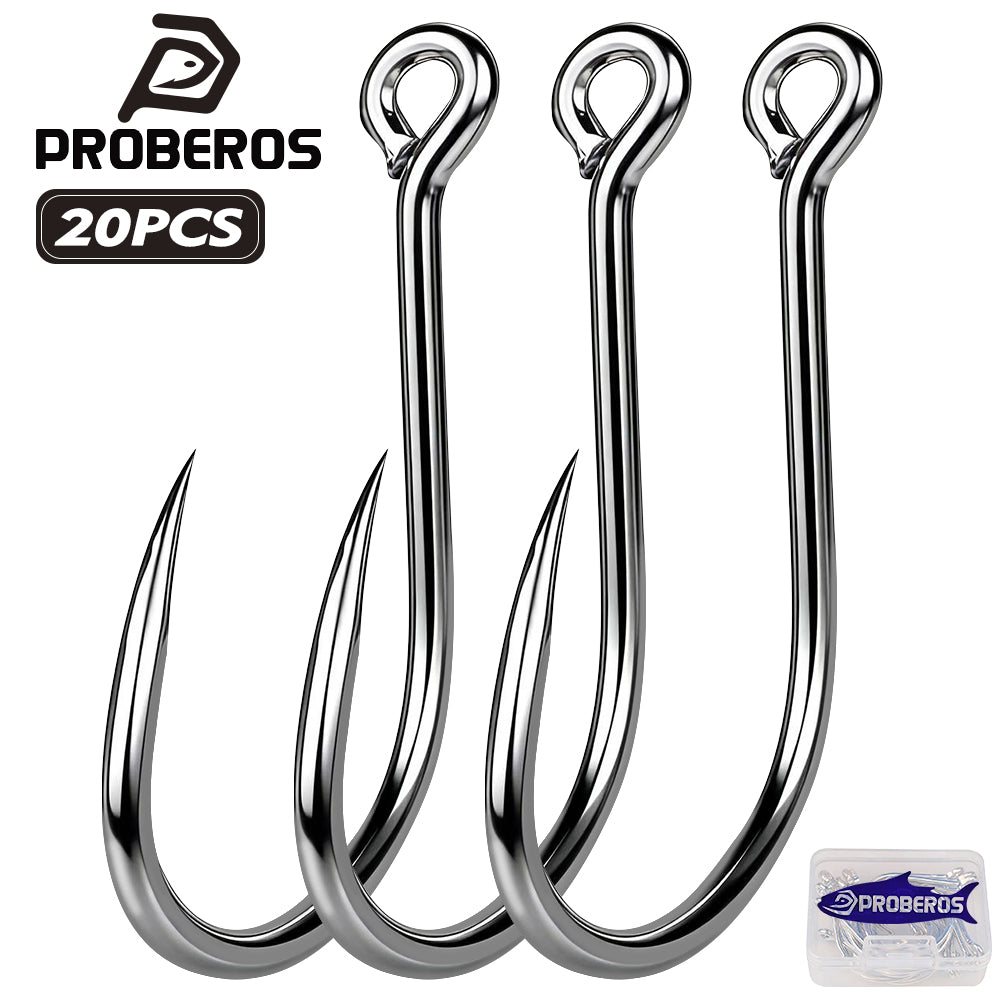 PROBEROS 20PCS High Carbon Steel Fishing Hooks 1#-5/0# Anti-Rust Single Hook Tin Color Fishhooks