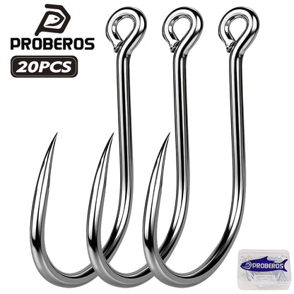 PROBEROS 20PCS High Carbon Steel Fishing Hooks 1#-5/0# Anti-Rust Single Hook Tin Color Fishhooks