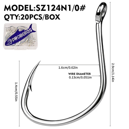 PROBEROS 20PCS High Carbon Steel Fishing Hooks 1#-5/0# Anti-Rust Single Hook Tin Color Fishhooks