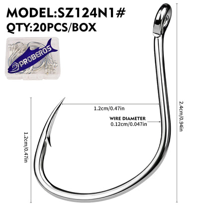 PROBEROS 20PCS High Carbon Steel Fishing Hooks 1#-5/0# Anti-Rust Single Hook Tin Color Fishhooks