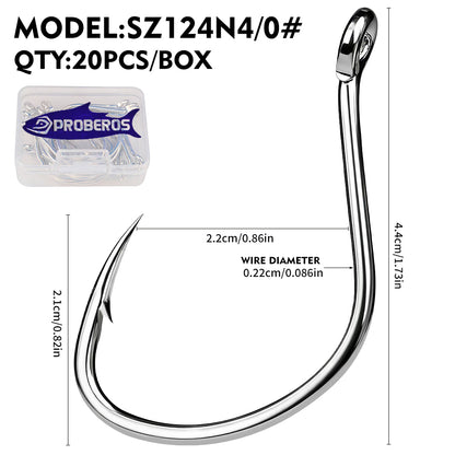 PROBEROS 20PCS High Carbon Steel Fishing Hooks 1#-5/0# Anti-Rust Single Hook Tin Color Fishhooks