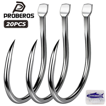 PROBEROS 20PCS High Carbon Steel Fishing Hooks 3/0#-5/0# Anti-Rust Single Hook Tin Color Fishhooks