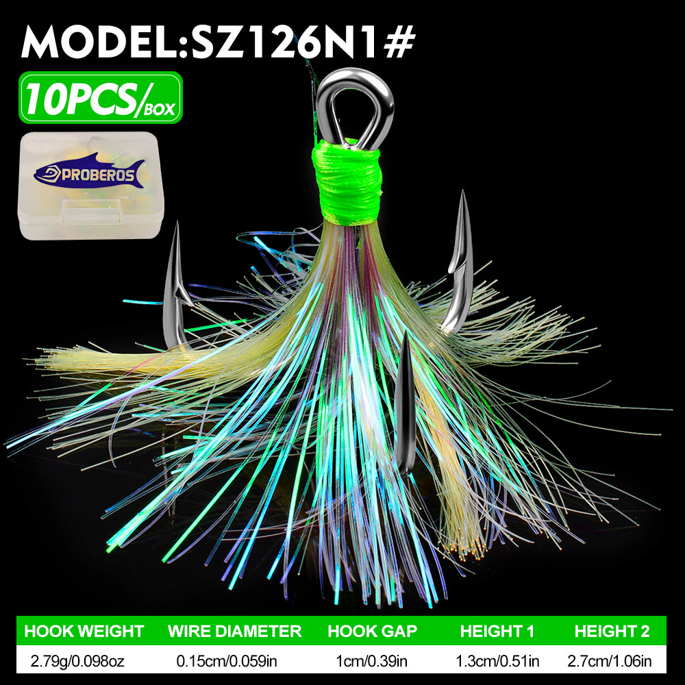 PROBEROS Feathered Treble Hooks 10PCS/Box High Carbon Steel 1#-5G0#&nbsp; Saltwater Resistant Treble Hooks for Hard Baits