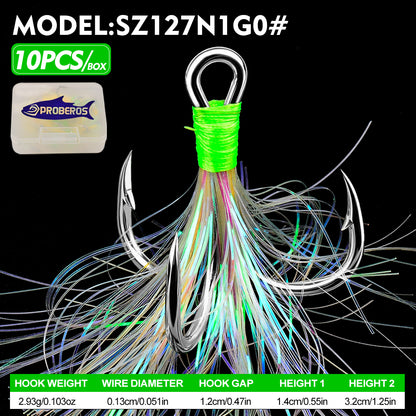 PROBEROS Feathered Treble Hooks 10PCS/Box High Carbon Steel with Flash Skirts