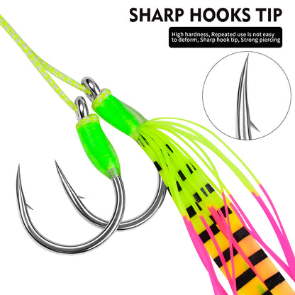 PROBEROS 1/0#-5/0# Jigging Assist Hooks, 2PCS/Bag Heavy-Duty Jigging Hook with Fluorescent Skirt