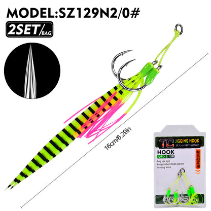 PROBEROS 1/0#-5/0# Jigging Assist Hooks, 2PCS/Bag Heavy-Duty Jigging Hook with Fluorescent Skirt