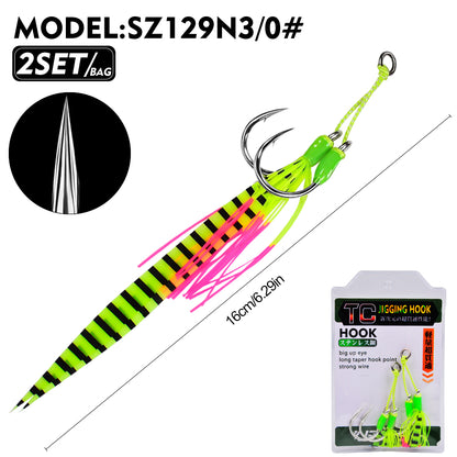 PROBEROS 1/0#-5/0# Jigging Assist Hooks, 2PCS/Bag Heavy-Duty Jigging Hook with Fluorescent Skirt