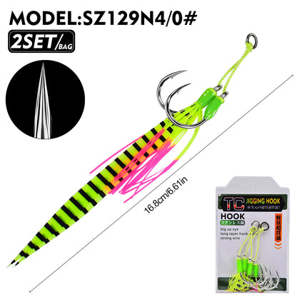 PROBEROS 1/0#-5/0# Jigging Assist Hooks, 2PCS/Bag Heavy-Duty Jigging Hook with Fluorescent Skirt