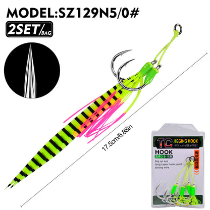PROBEROS 1/0#-5/0# Jigging Assist Hooks, 2PCS/Bag Heavy-Duty Jigging Hook with Fluorescent Skirt