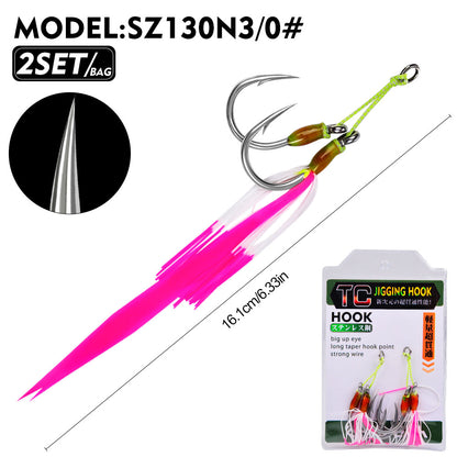 PROBEROS SZ130 Stainless Steel Jigging Hook for Saltwater Sea Fishing Tied Assist Hook with Flash Skirt