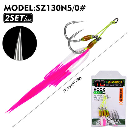 PROBEROS SZ130 Stainless Steel Jigging Hook for Saltwater Sea Fishing Tied Assist Hook with Flash Skirt