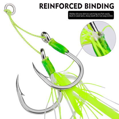 PROBEROS SZ131 Saltwater Tied Jigging Assist Hooks with Flash Skirt (2-Hook Pack / 5-Pack Value Set)
