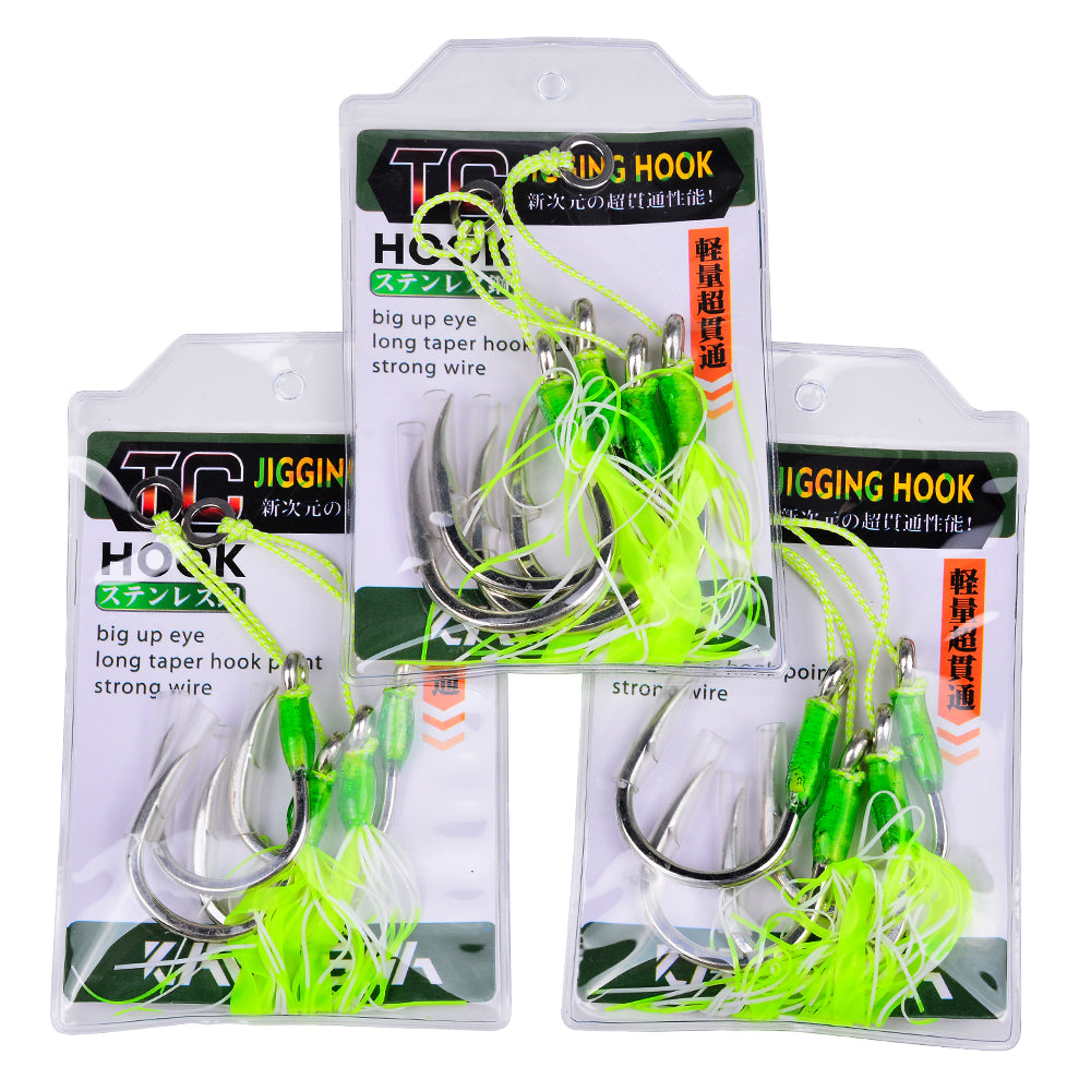 PROBEROS SZ131 Saltwater Tied Jigging Assist Hooks with Flash Skirt (2-Hook Pack / 5-Pack Value Set)