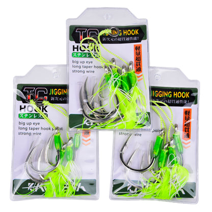 PROBEROS SZ131 Saltwater Tied Jigging Assist Hooks with Flash Skirt (2-Hook Pack / 5-Pack Value Set)