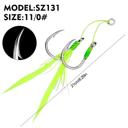 PROBEROS SZ131 Saltwater Tied Jigging Assist Hooks with Flash Skirt (2-Hook Pack / 5-Pack Value Set)