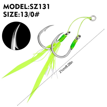 PROBEROS SZ131 Saltwater Tied Jigging Assist Hooks with Flash Skirt (2-Hook Pack / 5-Pack Value Set)