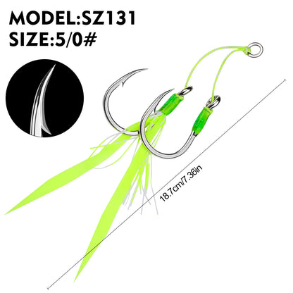 PROBEROS SZ131 Saltwater Tied Jigging Assist Hooks with Flash Skirt (2-Hook Pack / 5-Pack Value Set)