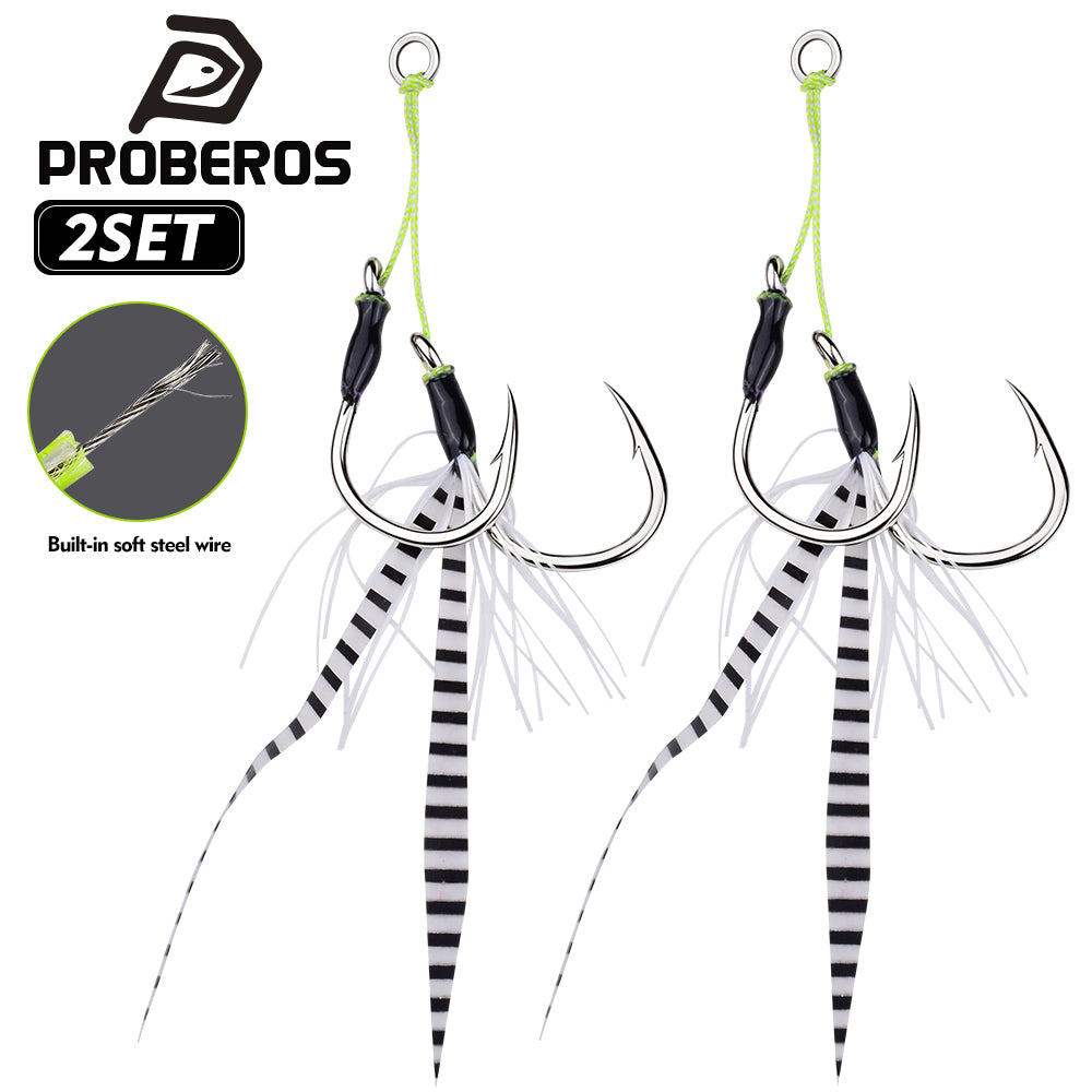 PROBEROS SZ132 Saltwater Tied Jigging Assist Hooks with Flash Skirt (2-Hook Pack / 5-Pack Value Set)