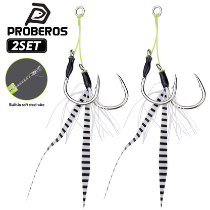 PROBEROS SZ132 Saltwater Tied Jigging Assist Hooks with Flash Skirt (2-Hook Pack / 5-Pack Value Set)
