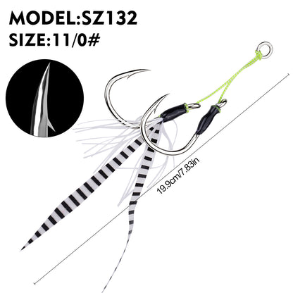 PROBEROS SZ132 Saltwater Tied Jigging Assist Hooks with Flash Skirt (2-Hook Pack / 5-Pack Value Set)