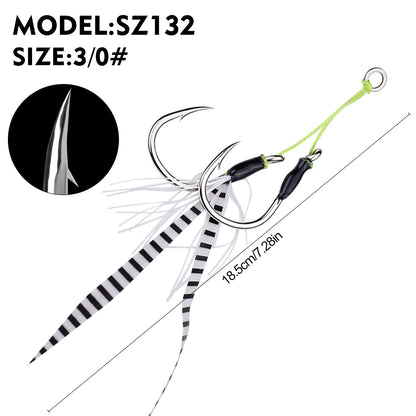 PROBEROS SZ132 Saltwater Tied Jigging Assist Hooks with Flash Skirt (2-Hook Pack / 5-Pack Value Set)