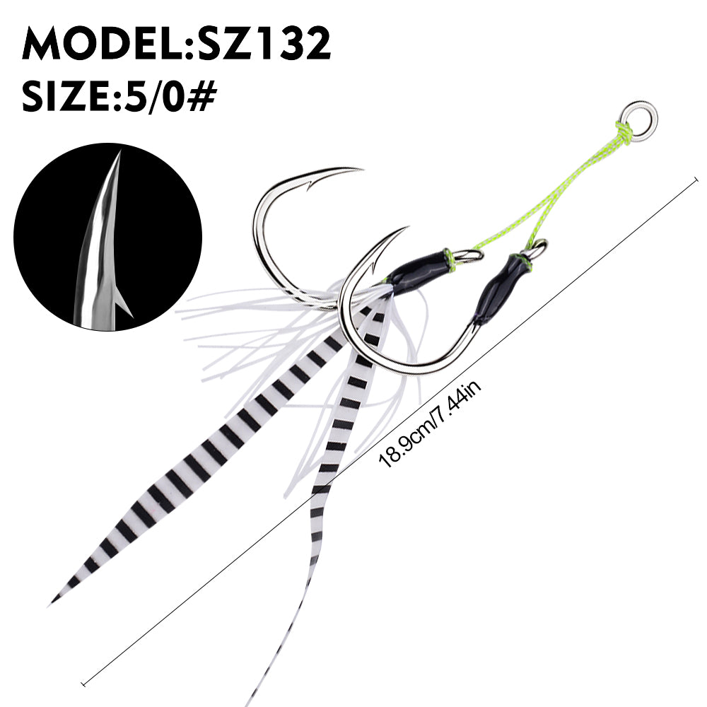 PROBEROS SZ132 Saltwater Tied Jigging Assist Hooks with Flash Skirt (2-Hook Pack / 5-Pack Value Set)