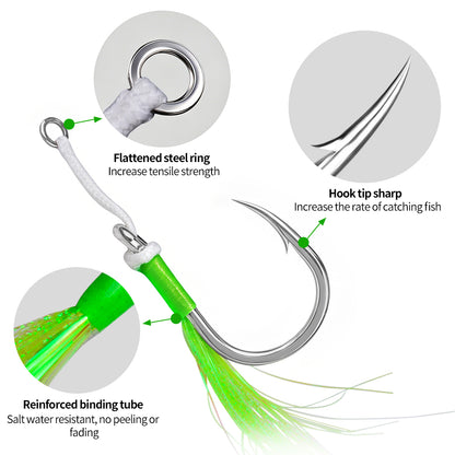 PROBEROS SZ134 Tied Jigging Assist Hooks with Green Flash Skirt